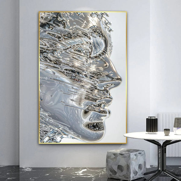 Chrome Existence Abstract Canvas Wall Art — Metallic Statement Home Decor — Mercury Interior