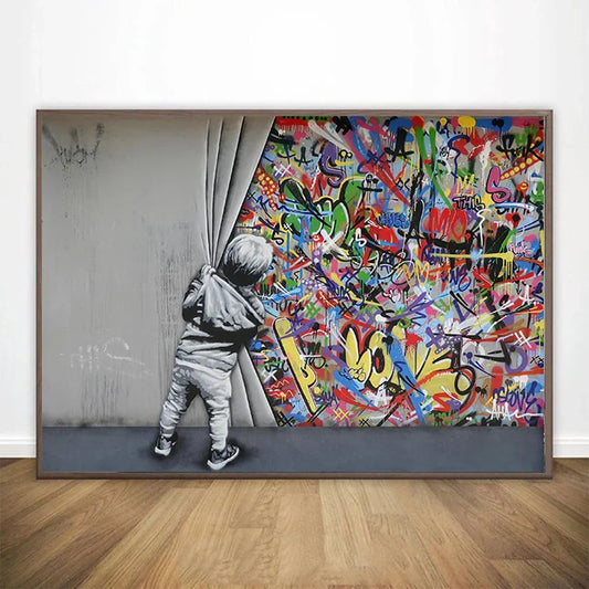 Graffiti Art Boy Pulling Curtain – Museum-Grade Canvas Wall Art | Mercury Interior