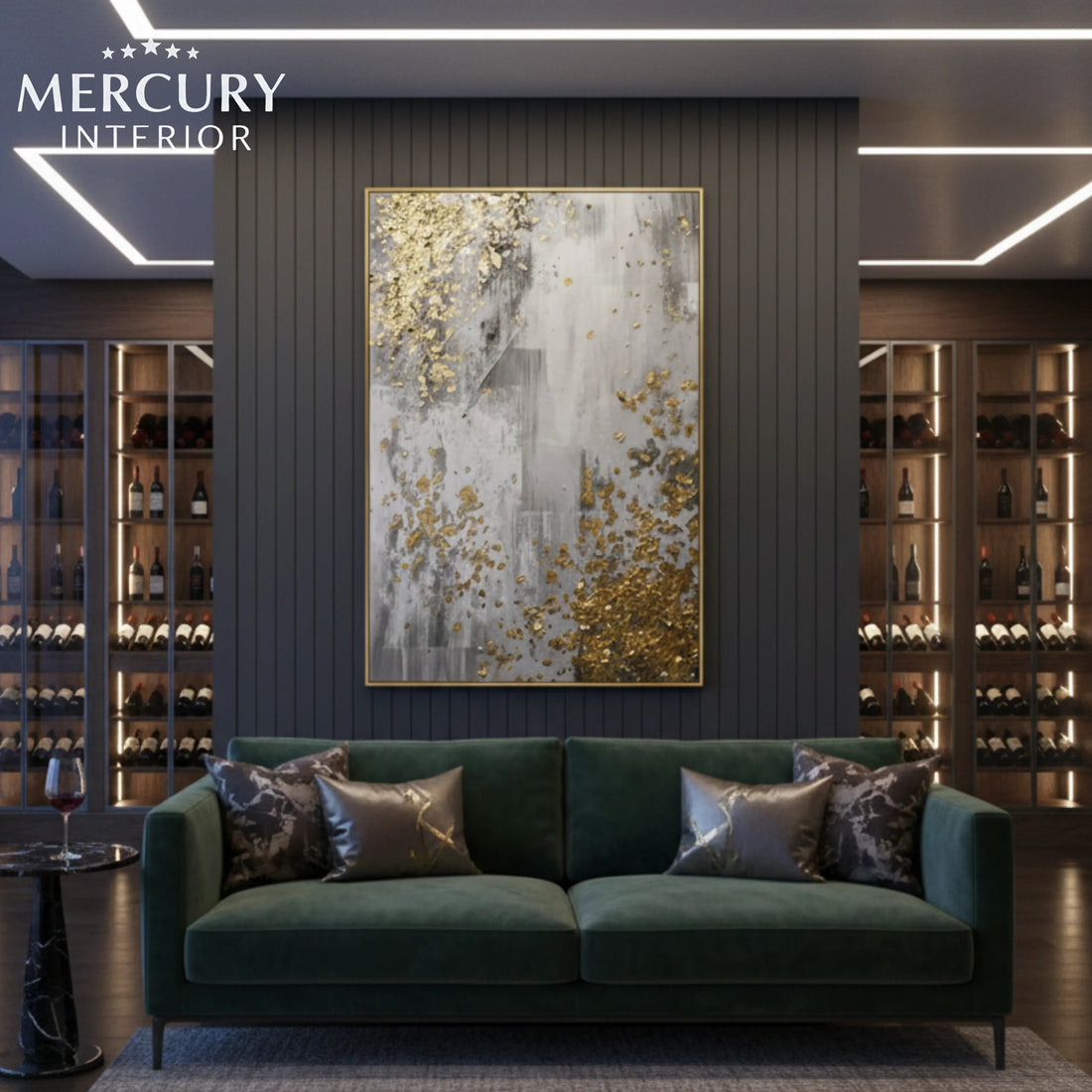 Golden abstract flow wall art for cafe interior