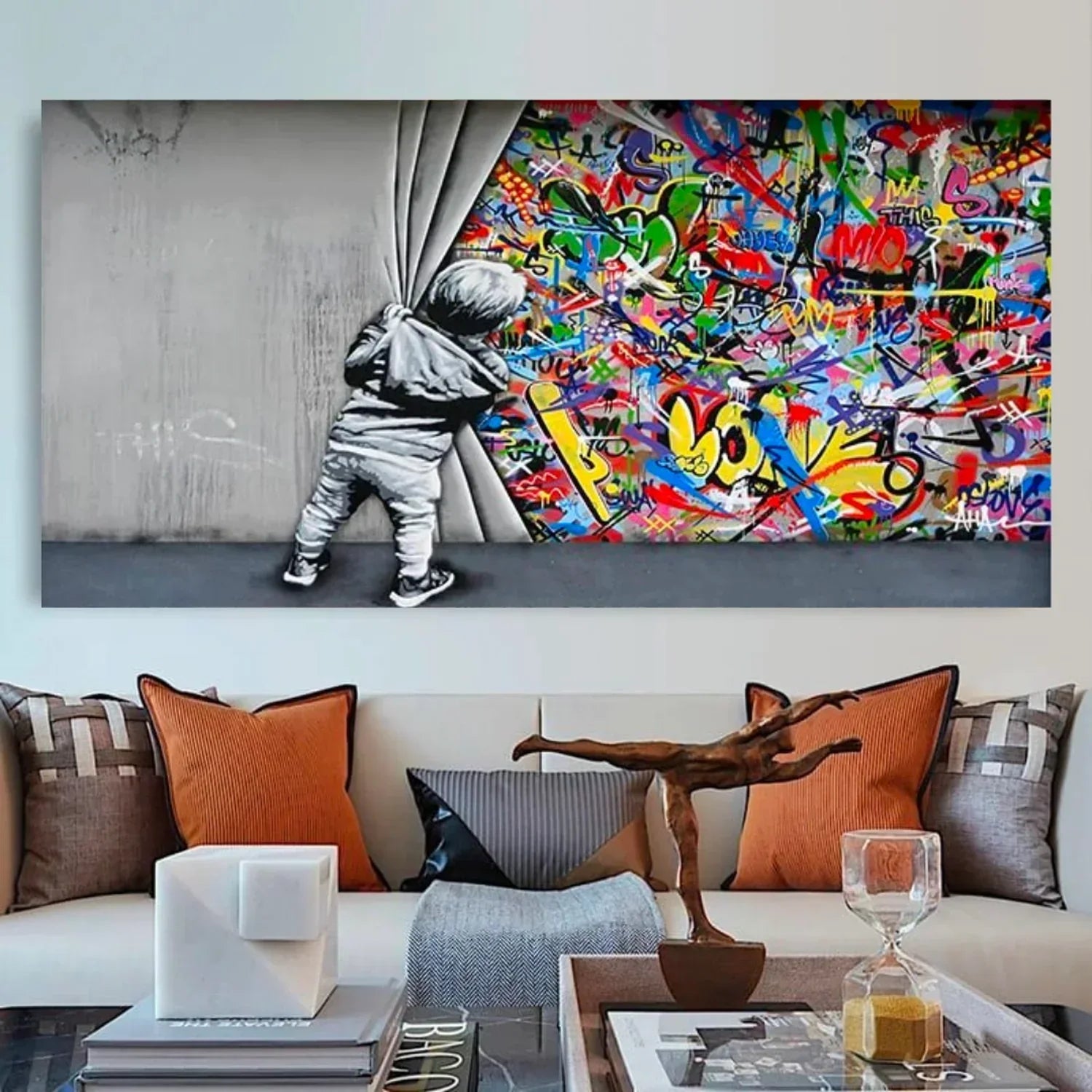 Graffiti Art Boy Pulling Curtain – Museum-Grade Canvas Wall Art | Mercury Interior