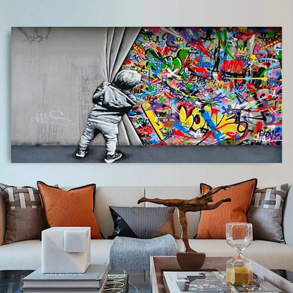 Graffiti Art Boy Pulling Curtain – Museum-Grade Canvas Wall Art | Mercury Interior
