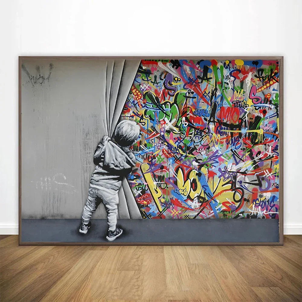 Graffiti Art Boy Pulling Curtain – Museum-Grade Canvas Wall Art | Mercury Interior